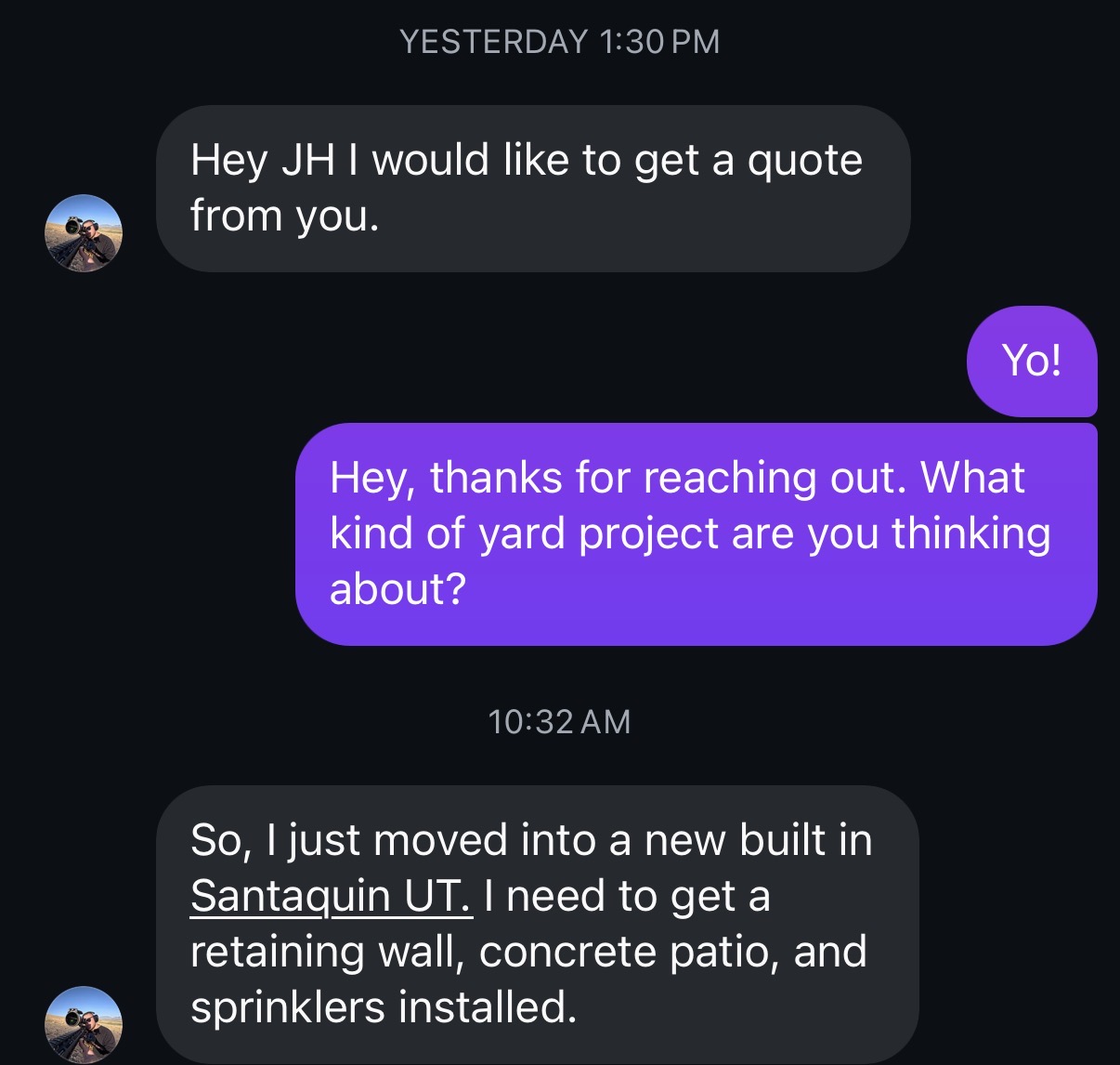 Message from a homeowner reaching out for a quote